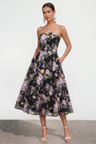 Strapless A-lijn zwarte roze bloemen midijurk met zakken