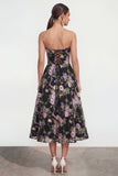 Strapless A-lijn zwarte roze bloemen midijurk met zakken
