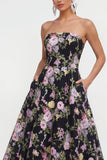 Strapless A-lijn zwarte roze bloemen midijurk met zakken