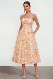 Champagne strapless A-lijn midi jurk met 3D bloemen