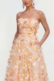 Champagne strapless A-lijn midi jurk met 3D bloemen