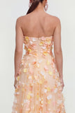 Champagne strapless A-lijn midi jurk met 3D bloemen