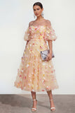 Off The Shoulder Champagne A Line 3D Bloemen Midi Bloemenjurk met applicaties