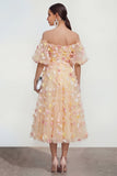 Off The Shoulder Champagne A Line 3D Bloemen Midi Bloemenjurk met applicaties