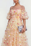 Off The Shoulder Champagne A Line 3D Bloemen Midi Bloemenjurk met applicaties
