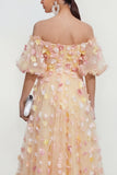 Off The Shoulder Champagne A Line 3D Bloemen Midi Bloemenjurk met applicaties