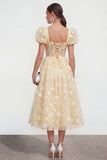 Blauwe bloemen A-lijn Lace Up Midi jurk met pofjes mouwen