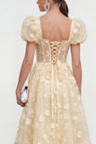 Blauwe bloemen A-lijn Lace Up Midi jurk met pofjes mouwen