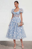 Blauwe bloemen A-lijn Lace Up Midi jurk met pofjes mouwen