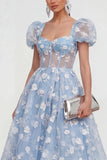 Blauwe bloemen A-lijn Lace Up Midi jurk met pofjes mouwen