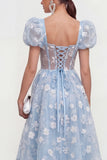 Blauwe bloemen A-lijn Lace Up Midi jurk met pofjes mouwen