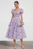 Blauwe bloemen A-lijn Lace Up Midi jurk met pofjes mouwen
