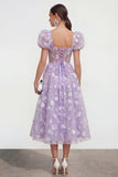 Blauwe bloemen A-lijn Lace Up Midi jurk met pofjes mouwen