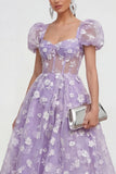 Blauwe bloemen A-lijn Lace Up Midi jurk met pofjes mouwen