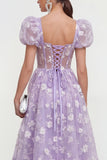 Blauwe bloemen A-lijn Lace Up Midi jurk met pofjes mouwen