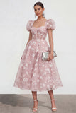 Blauwe bloemen A-lijn Lace Up Midi jurk met pofjes mouwen