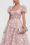 Blauwe bloemen A-lijn Lace Up Midi jurk met pofjes mouwen