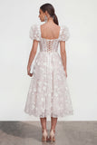 Blauwe bloemen A-lijn Lace Up Midi jurk met pofjes mouwen