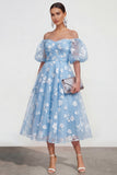 Off-the-shoulder A-lijn roze midi bloemenjurk met veter op de rug