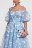 Off-the-shoulder A-lijn roze midi bloemenjurk met veter op de rug
