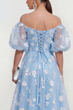 Off-the-shoulder A-lijn roze midi bloemenjurk met veter op de rug