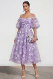 Off-the-shoulder A-lijn roze midi bloemenjurk met veter op de rug