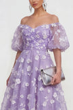Off-the-shoulder A-lijn roze midi bloemenjurk met veter op de rug