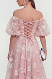Off-the-shoulder A-lijn roze midi bloemenjurk met veter op de rug
