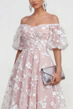 Off-the-shoulder A-lijn roze midi bloemenjurk met veter op de rug