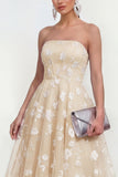 Strapless A-lijn midi lila bloemenjurk met zakken