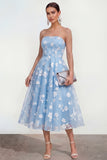 Strapless A-lijn midi lila bloemenjurk met zakken