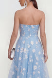 Strapless A-lijn midi lila bloemenjurk met zakken