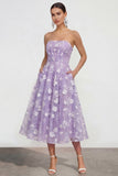 Strapless A-lijn midi lila bloemenjurk met zakken