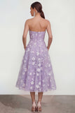 Strapless A-lijn midi lila bloemenjurk met zakken