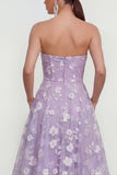 Strapless A-lijn midi lila bloemenjurk met zakken