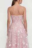 Strapless A-lijn midi lila bloemenjurk met zakken