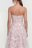 Strapless A-lijn midi lila bloemenjurk met zakken