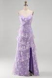 Shearh lila bloemen spaghetti bandjes met gerimpelde maxi jurk met split