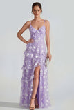 Shearh lila bloemen spaghetti bandjes met gerimpelde maxi jurk met split