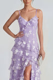 Shearh lila bloemen spaghetti bandjes met gerimpelde maxi jurk met split