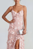 Shearh lila bloemen spaghetti bandjes met gerimpelde maxi jurk met split
