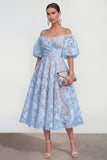 Off-the-shoulder A-lijn midi roze bloemenjurk met puffmouwen