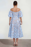 Off-the-shoulder A-lijn midi roze bloemenjurk met puffmouwen