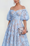 Off-the-shoulder A-lijn midi roze bloemenjurk met puffmouwen