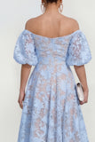 Off-the-shoulder A-lijn midi roze bloemenjurk met puffmouwen