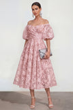 Off-the-shoulder A-lijn midi roze bloemenjurk met puffmouwen