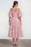 Off-the-shoulder A-lijn midi roze bloemenjurk met puffmouwen