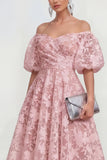 Off-the-shoulder A-lijn midi roze bloemenjurk met puffmouwen