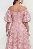 Off-the-shoulder A-lijn midi roze bloemenjurk met puffmouwen