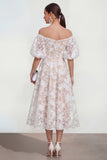 Off-the-shoulder A-lijn midi roze bloemenjurk met puffmouwen
